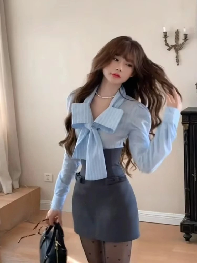 

New in 2025 Korean Fashion Women Two Pieces Sets Striped Blue Bow Top &High Waist Pencil Mini Skirt Hotsweet 2 Piece Skirt Suits