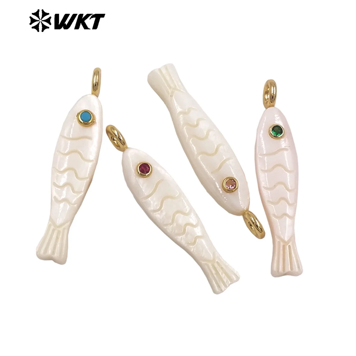 WT-JP525 Hotsale Lovely Fish Shape White Shell Pattern Pendants Colorful Zircon Paved Accessory For Necklace DIY Making