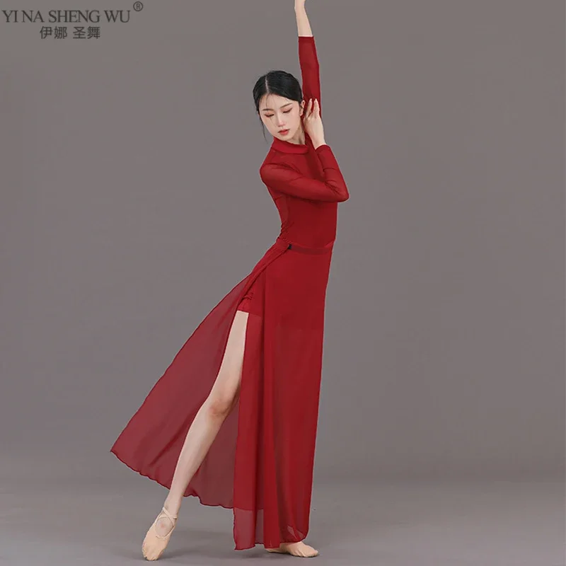 

Chinese Classical Fork Dance Ethnic Style Cheongsam Body High Waist Slit Modern Dance Practice Clothing Performance Costume Red