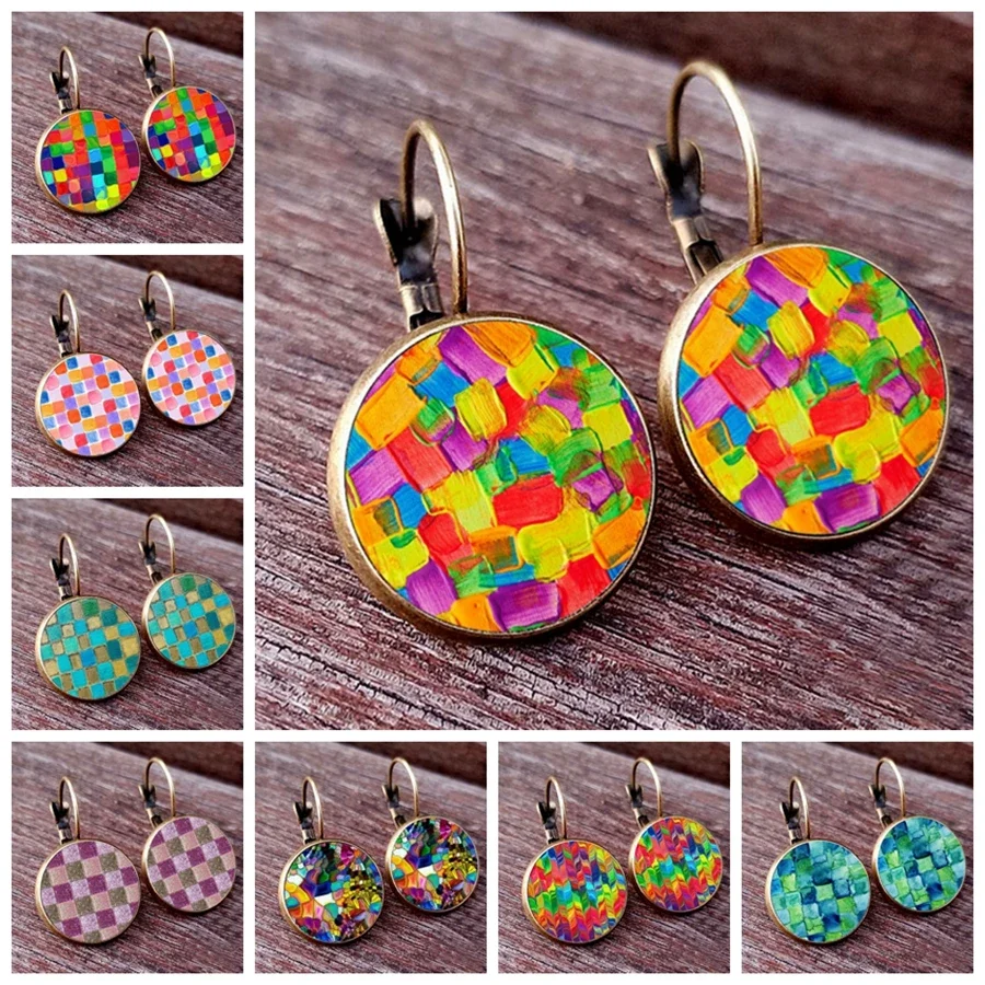 New color square earrings personalized square pattern Glass Cabochon Womens Earrings girl\'s favorite color matching earring