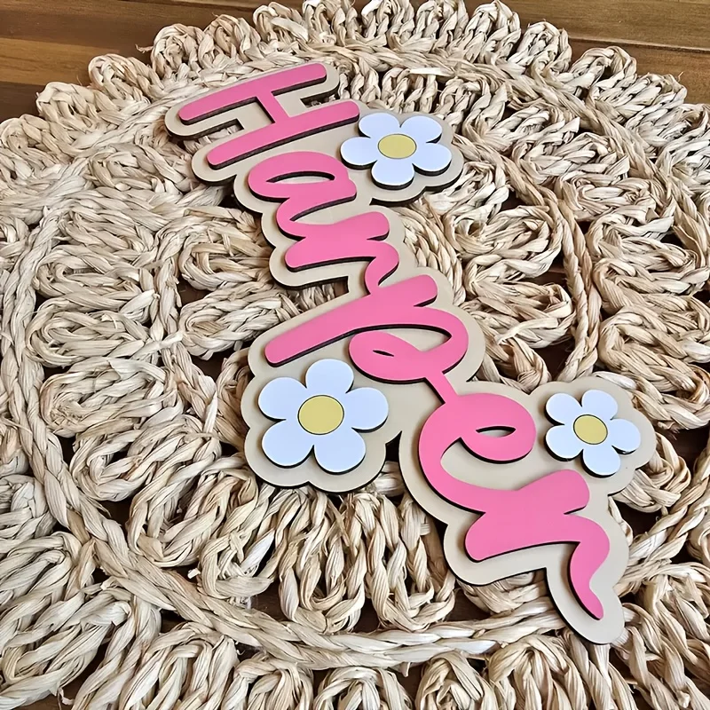 A double-layer letter wooden custom surname brand, with cute floral decorations on the wall, perfect birthday gift