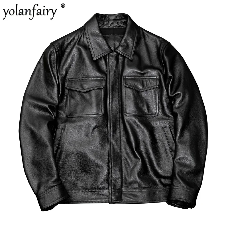 

Genuine Leather Coat Men's Pure Cowhide Lapel Short Jackets for Men Fall Winter Cotton Warm Oversized Mens Leather Jacket 6XL FC