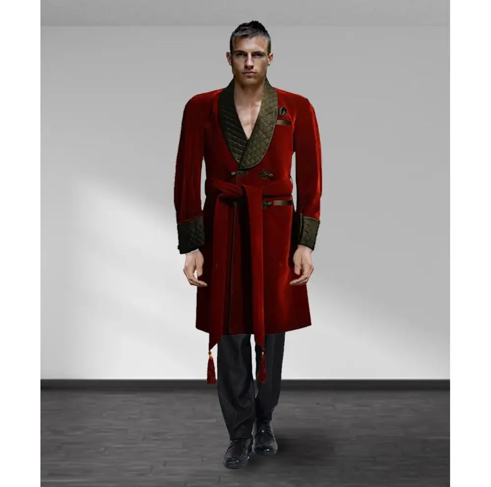 High-end Burgundy Velvet Men Jacket One Piece Black Shawl Lapel Smoking Coat Costume Homme Loose Daily Blazer