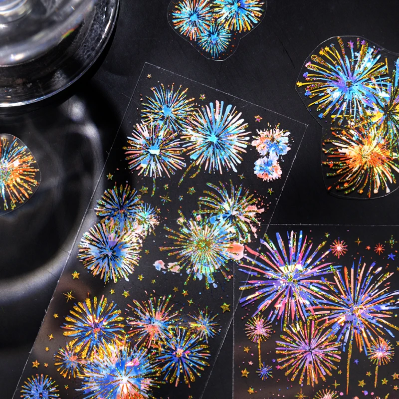 3Pcs/Bag Waterproof PET Material Stickers Holiday Celebration Firework Pattern Creative Greeting Card Cup Photo Frame Decoration