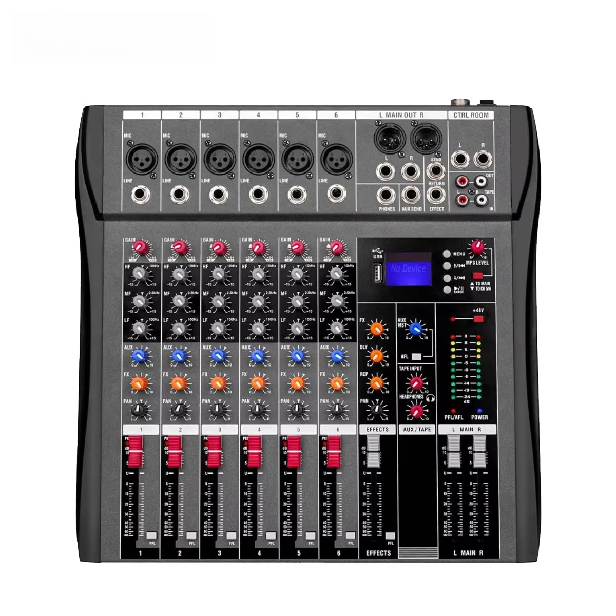 VOXFULL 6 Channel Professional Audio Mixer with BT USB MP3 48V Phantom Power DJ Mixing Console for Live Performance Karaoke