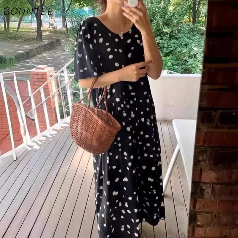 Summer Midi Dresses Women Vintage Loose Slouchy Polka-dot Design Korean Fashion Leisure High Street Daily Vestidos Popular Ins