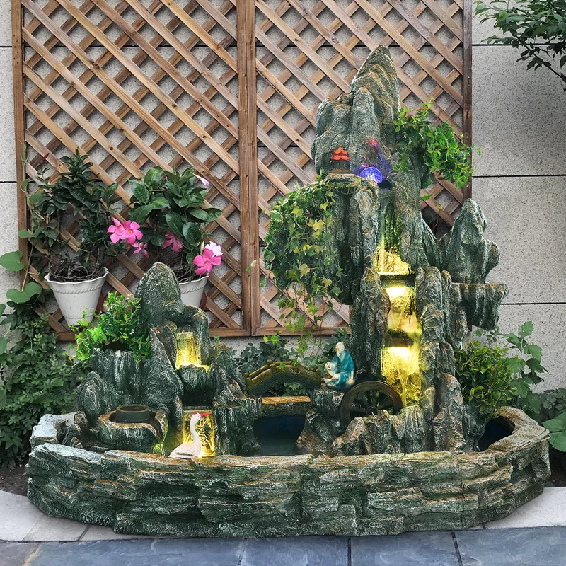Large rockery flowing water fountain feng shui wheel fish tank ornament, outdoor villa garden courtyard fish pond landscaping