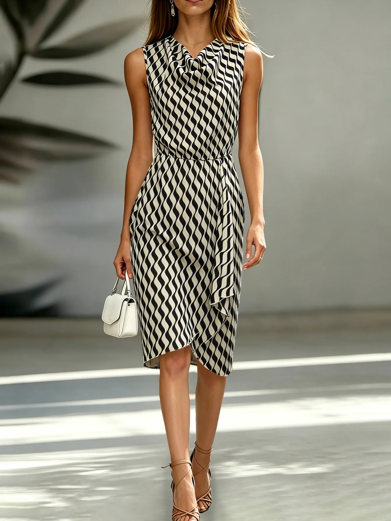 Elegant Women's Sleeveless Wave Print Dress 2026 Fashion Draped Front Asymmetrical Hem Midi Dress for Women