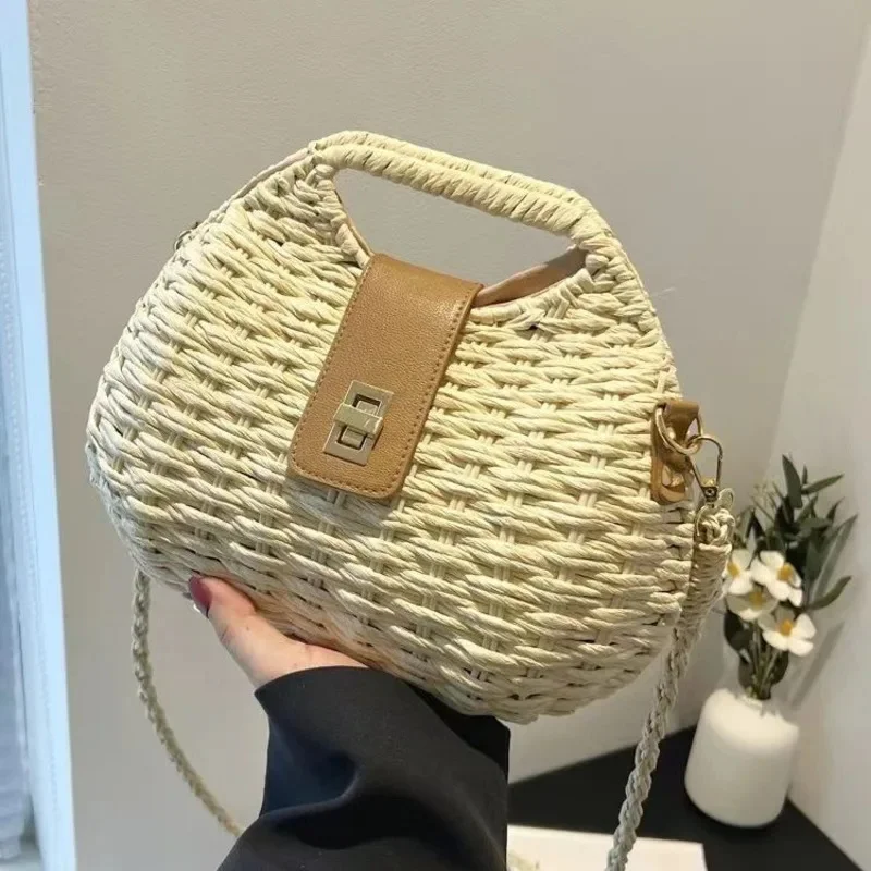 

Female Rattan Shoulder Crossbody Bag Women Elegant Straw Woven Rattan Bag Vacation Beach Bag Straw Rope Shoulder Bag