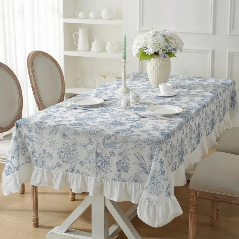 Rectangular Ruffles Embroidery Tablecloth Cotton Blue and White Waterproof Table Covers Resistant Suitable for Party Weddings