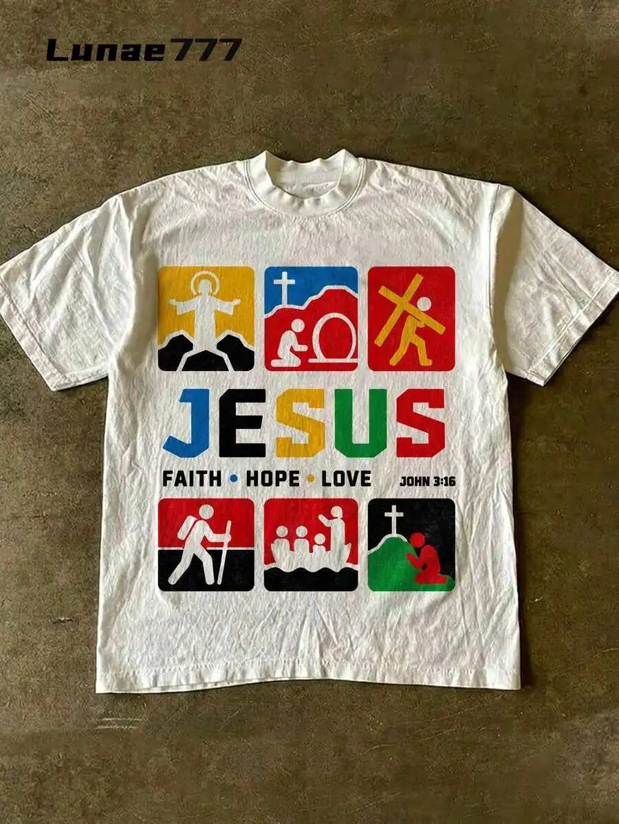 Women & Unisex Y2K Graphic Print  T-Shirt, Jesus Faith Hope Love Christian Icon Streetwear Style, Oversized Short Sleeve Tee, Casual Summer Tops