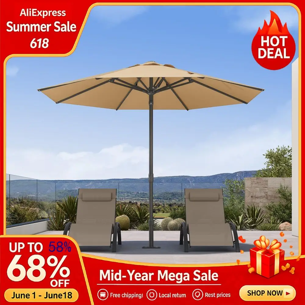 10 FT Round Semi-Auto Patio Umbrella, Aluminum Frame, 8 Ribs Outdoor Sun Shade, Custom