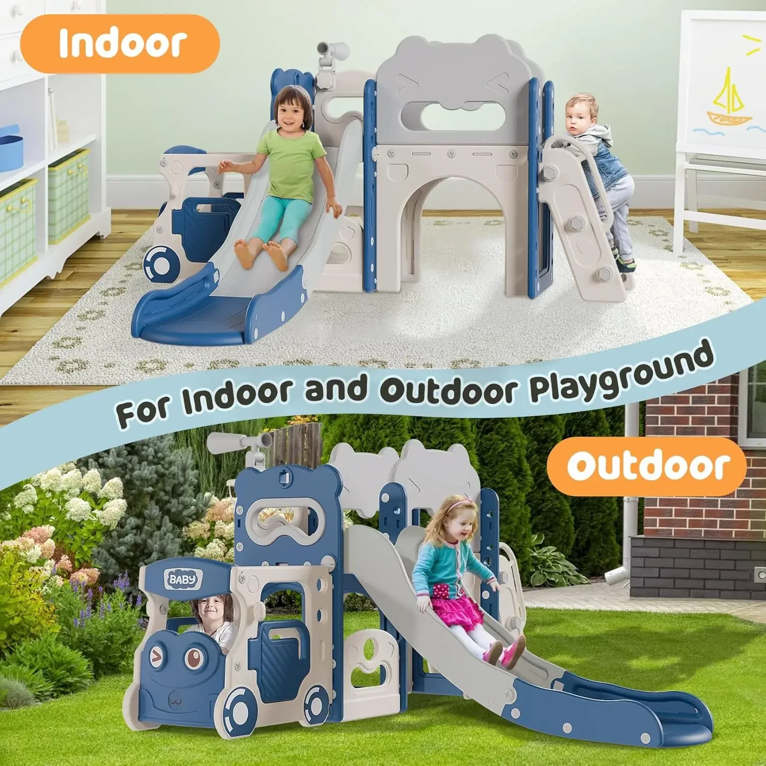 9 in 1 Kids Indoor Bus Slide for Toddlers 1-3, Baby Indoor Outdoor Slide with Basketball Hoop and Bus