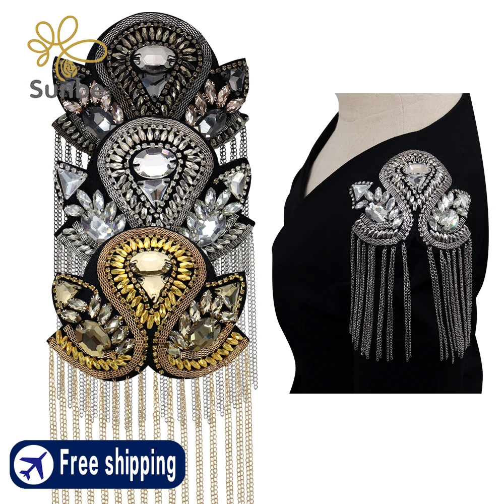 Dance Wear Beaded Patches Chain Suit Epaulet Punk Fringe Tassel Rhinestones Shoulder Badge for Costume Party