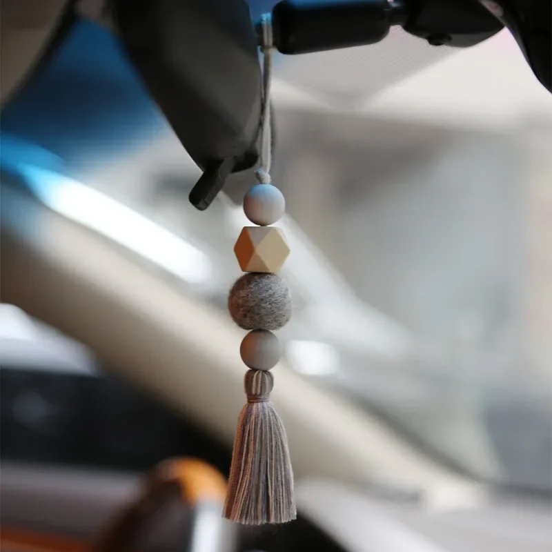 Car Interior Freshener Diffuser Fragrance Wooden Beads Felt Balls Cotton Thread Tassels Creative Handwoven Car Accessories