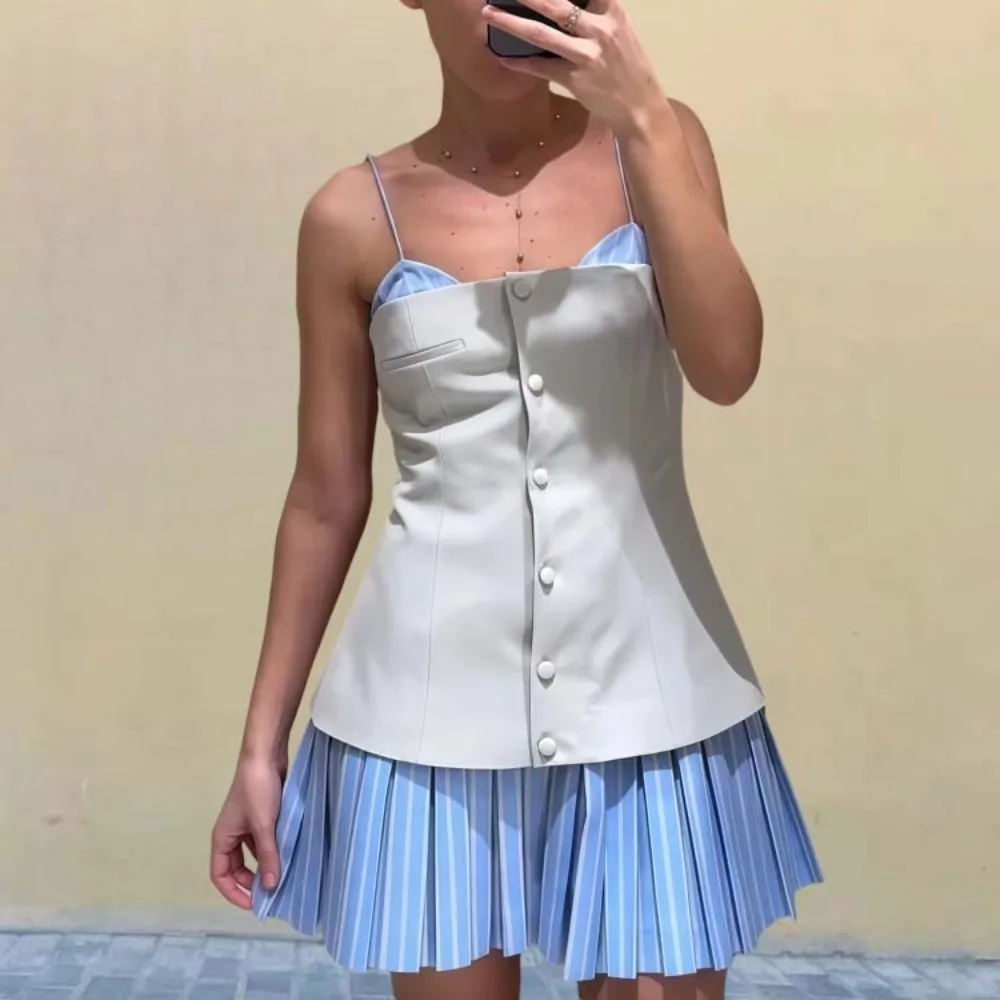 

Striped Sleeveless Dress Teenagers Adolescent Patchwork Wide Pleated Suspenders Short Skirt Loose Blue Color