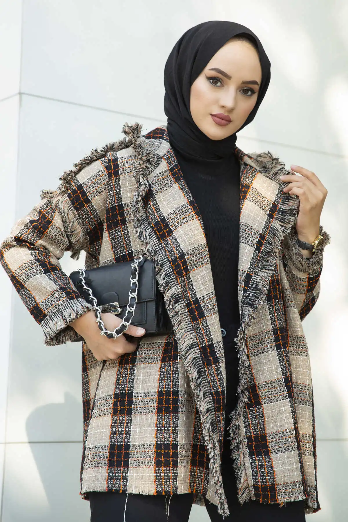 Tassels Plaid Pattern Hijab Coat Mink Winter Autumn 2021 Muslim Women Hijab headscarf Islamic Turkey