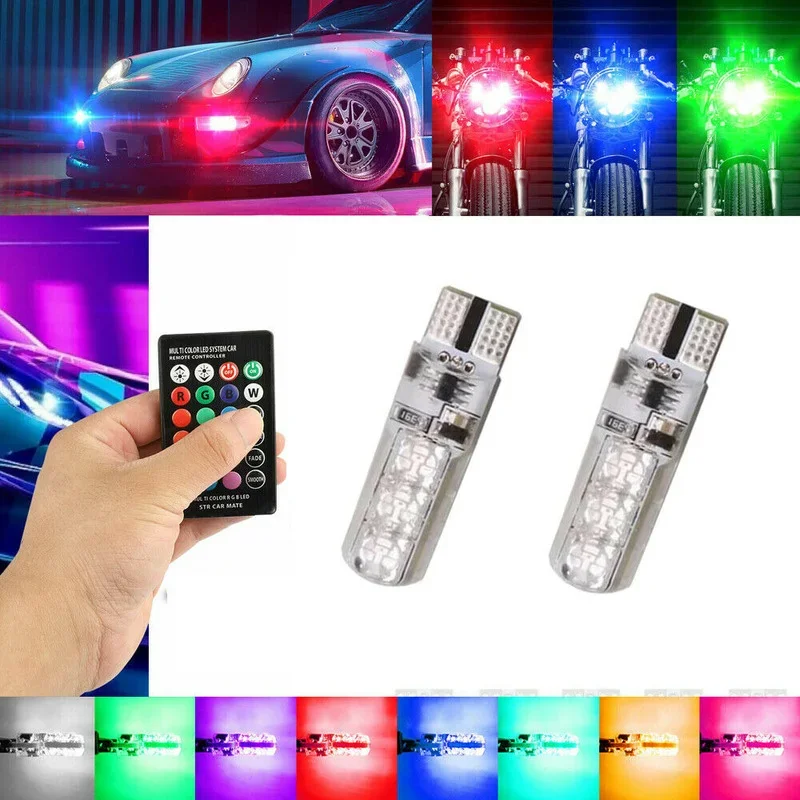 2x Multi-Color RGB LED Bulbs w/RF Remote Control For Car Parking Lights 168 194 T10 Strobe Flash Lamp Auto Accessories Universal