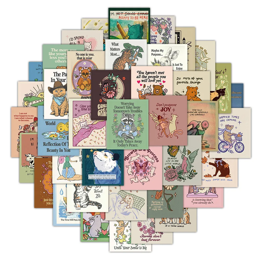 50Pcs Retro Spiritual Quotes Illustration Stickers for Journal Decor Giajar Sticker Store