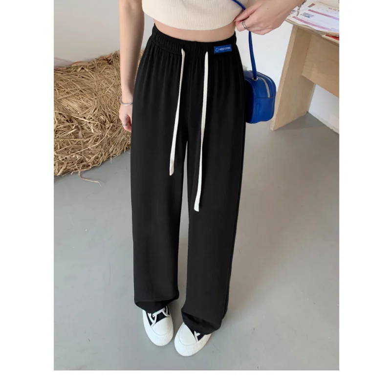 

Women's Bottoms Black Drawstring Sweatpants Casual High Waist Straight Mopping Pants Fashion Baggy Wide Leg Trouser Ladies Autum