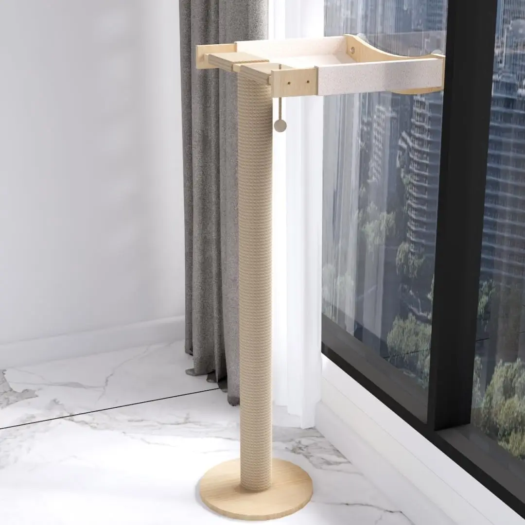 

Large Cat Window Perch with Scratching Post - Solid Wood Hammock Bed for Indoor Cats, Soft Cushion Rustic Shelf