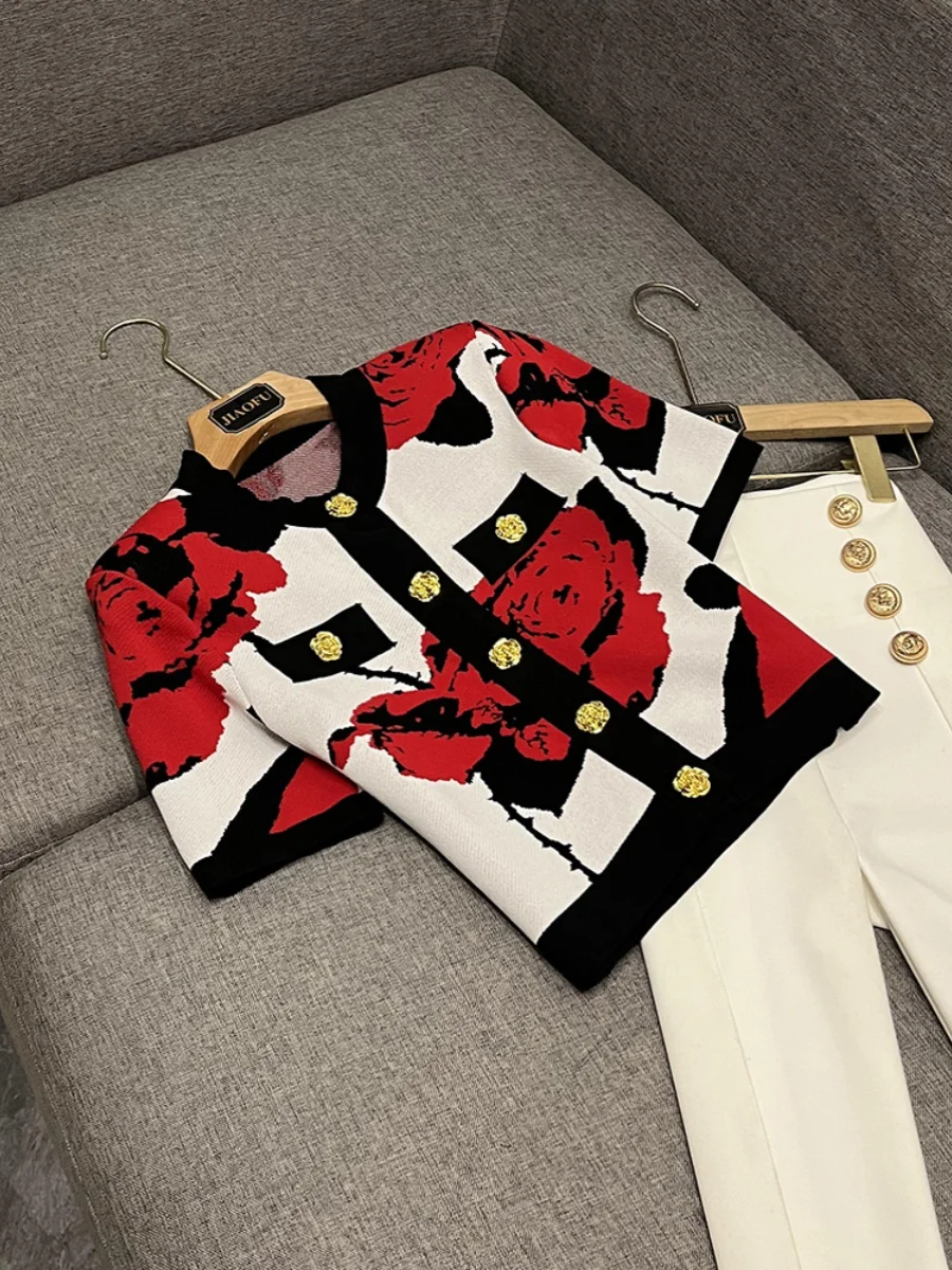 

ort Sve Open Cardigan Knitted Dr Rose Flower Gold Button Decorative Color Blo round Ne Women's Faion B2204H