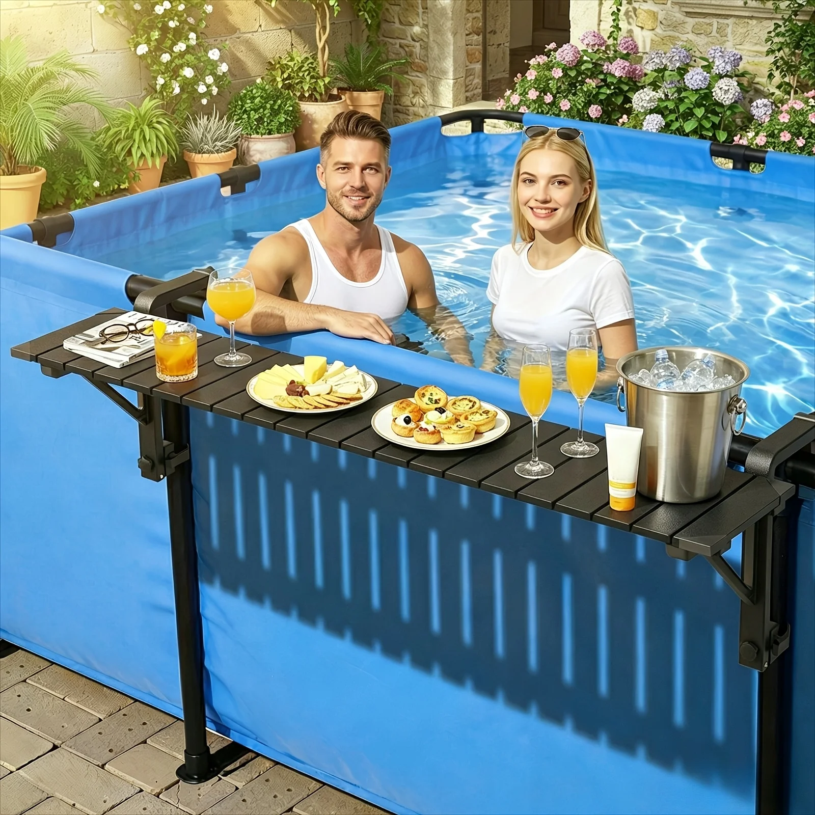Summer Poolside Table for Above Ground Pools, Bar Table for Swimming Pools, Adjustable for Various Pools