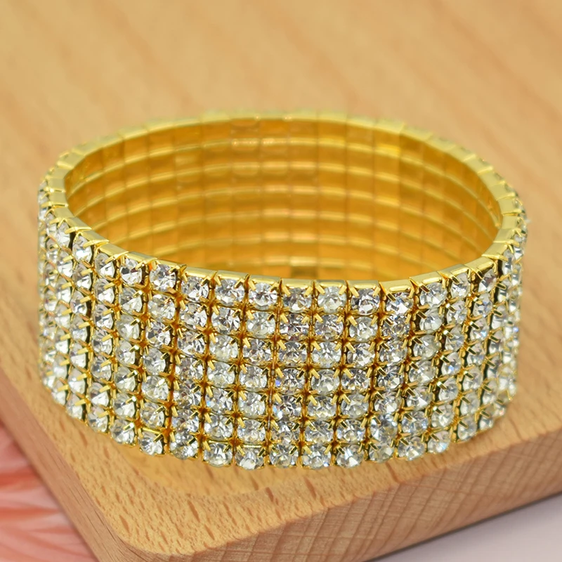 Classic Multiple Shining Rhinestone Crystal Stretch For Women Girls Bridal Wedding Wristband Elastic Bracelet Gold Silver Color