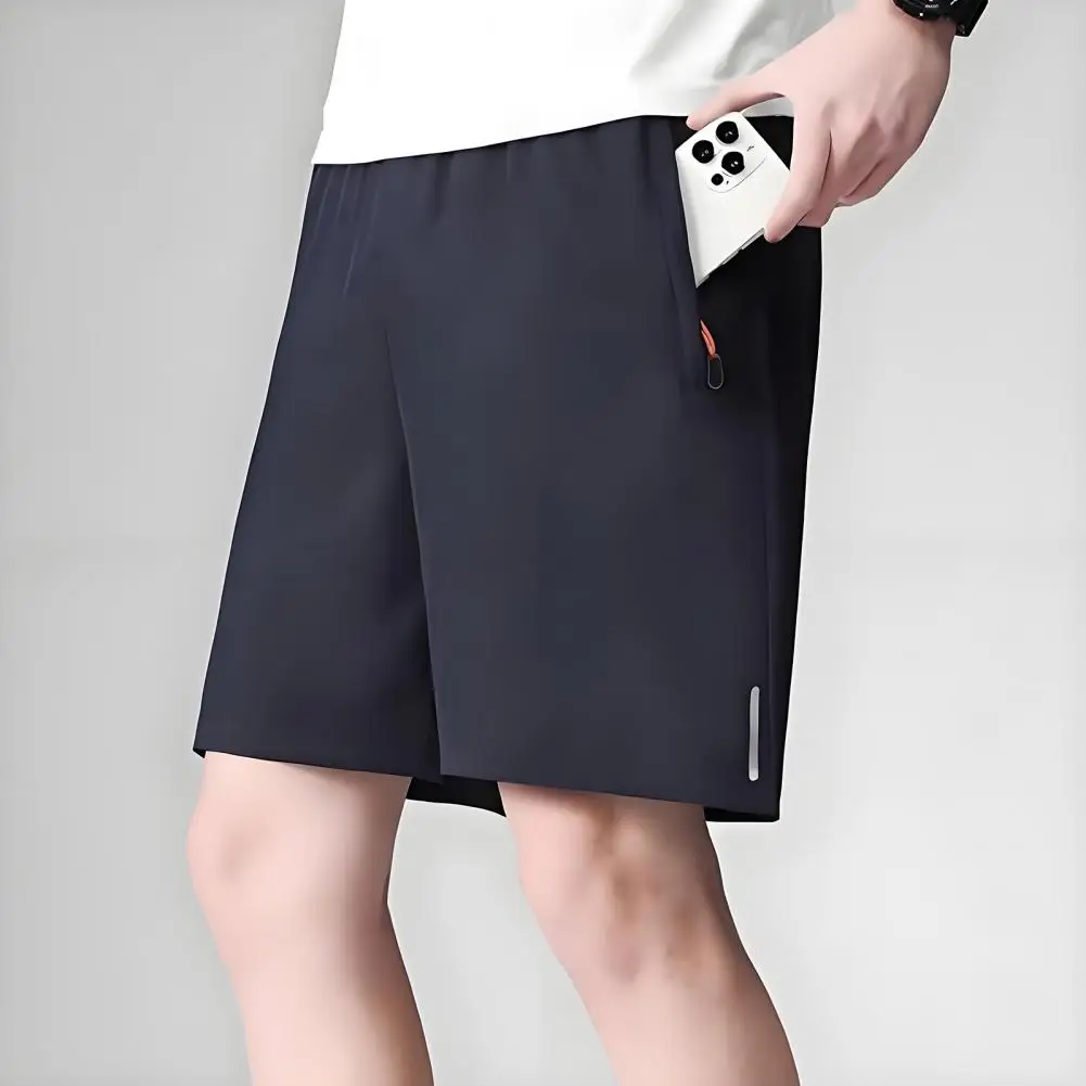 

Men Shorts Elastic Waist Mid-rise Adjustable Drawstring Shorts Ergonomic Design Solid Color Ice Silk Casual Shorts