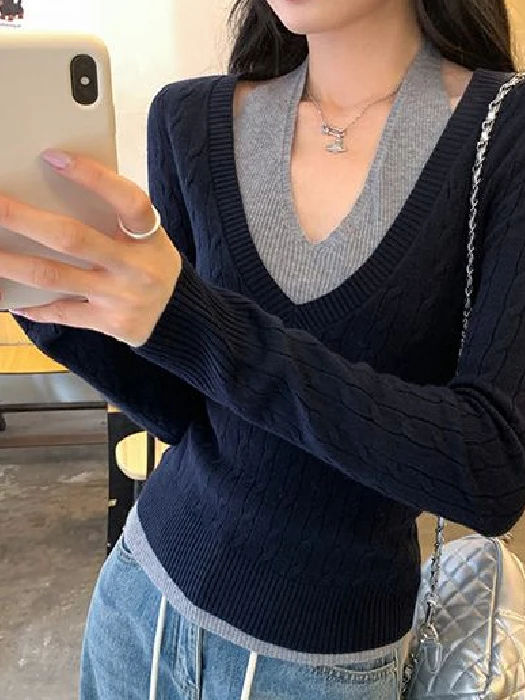 

Длинный вязаный свитер Slim Fit V-Ne, женский весенне-осенний повседневный топ Faion Twist Design, корейская одежда для поездок на работу