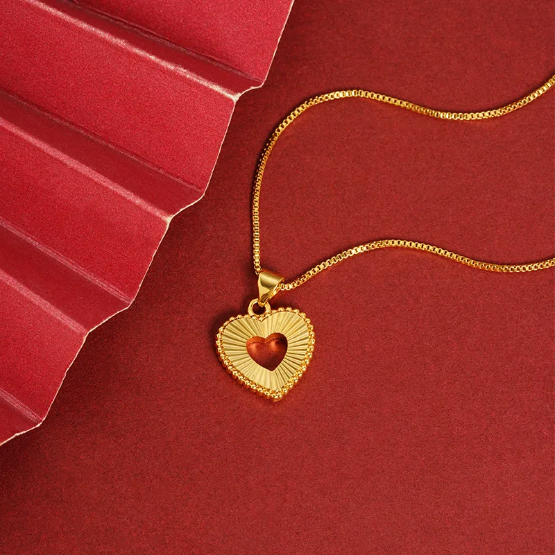 

Luxury 24K 9999 Pure Gold real gold Women's Heart Pendant Hollow Heart Pendant All-match Necklace