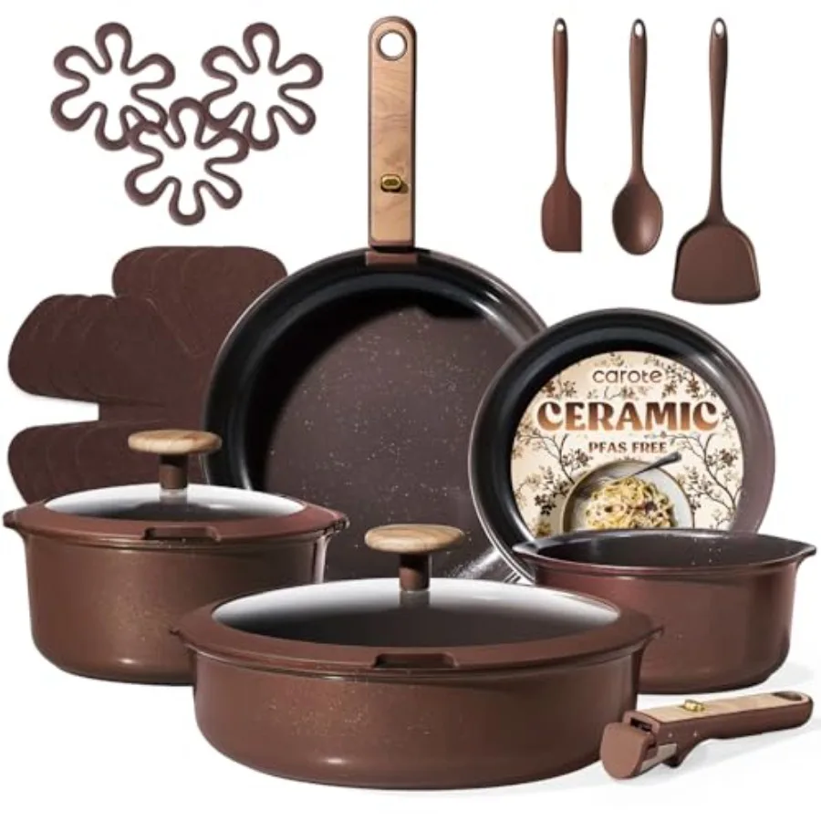 Conjunto de panelas e frigideiras, conjunto de panelas de cerâmica antiaderente com alça removível, conjunto de cozinha de rv, indução e forno seguro, não-