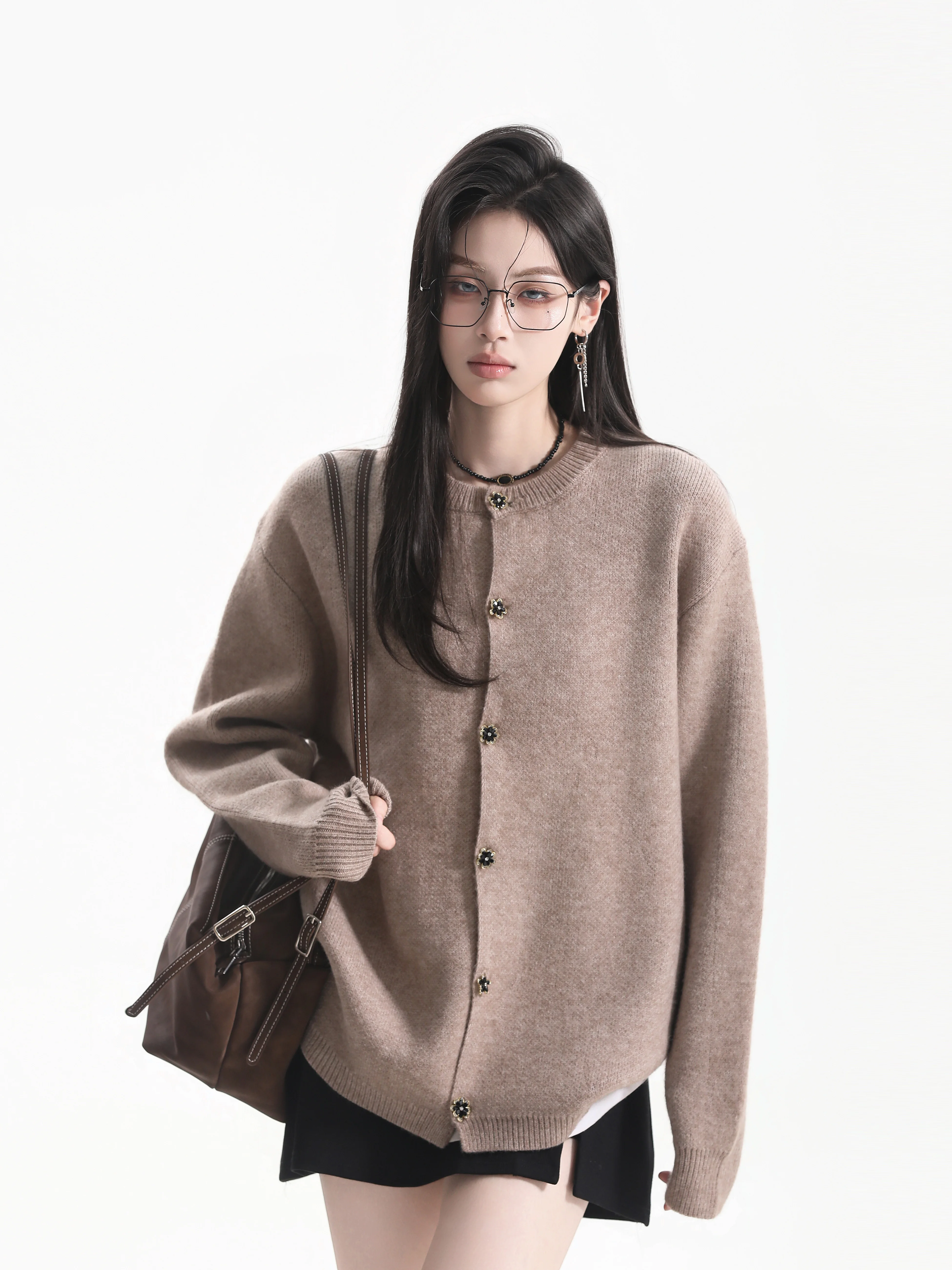 Lazy Style Knitted Cardigan Decorative Button Shape Sweater Outerwear Neutral Cleanfit Soft Polyester Blend Long Sleeve round...