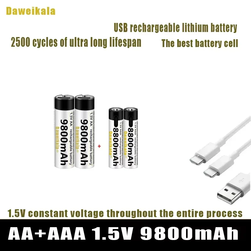 Pilas recargables USB AA + AAA de 1,5 V, pilas AA de 9800mAh/AAA de iones de litio de 8800mAh para juguetes, reloj, reproductor de MP3, termómetro y Cable