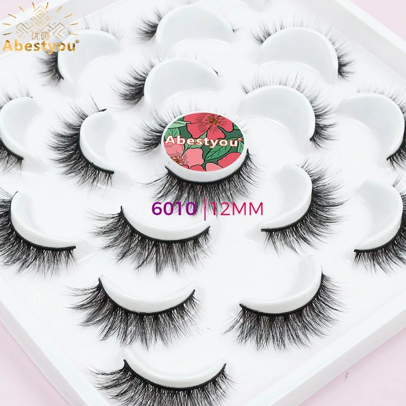 Abestyou 고급 10 쌍 Natual 12mm 긴 고양이 눈 밍크 속눈썹 날개 달린 Tapred 실크 속눈썹 리프팅 연꽃은 메이크업을 알고 있습니다