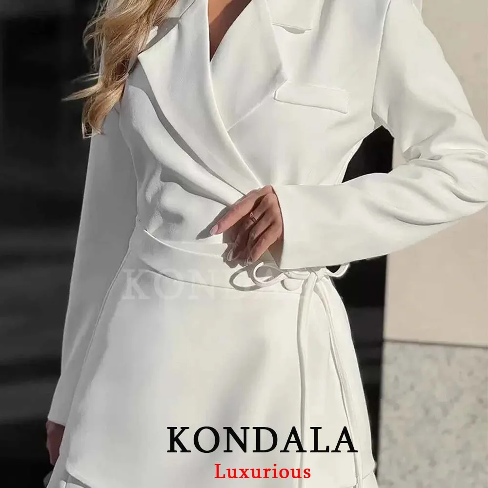

KONDALA Vintage Chic Women White Solid Suit Notched Single Button Long Blazer Short Slim Lace-up Skirt Fashion 2026 Spring Sets