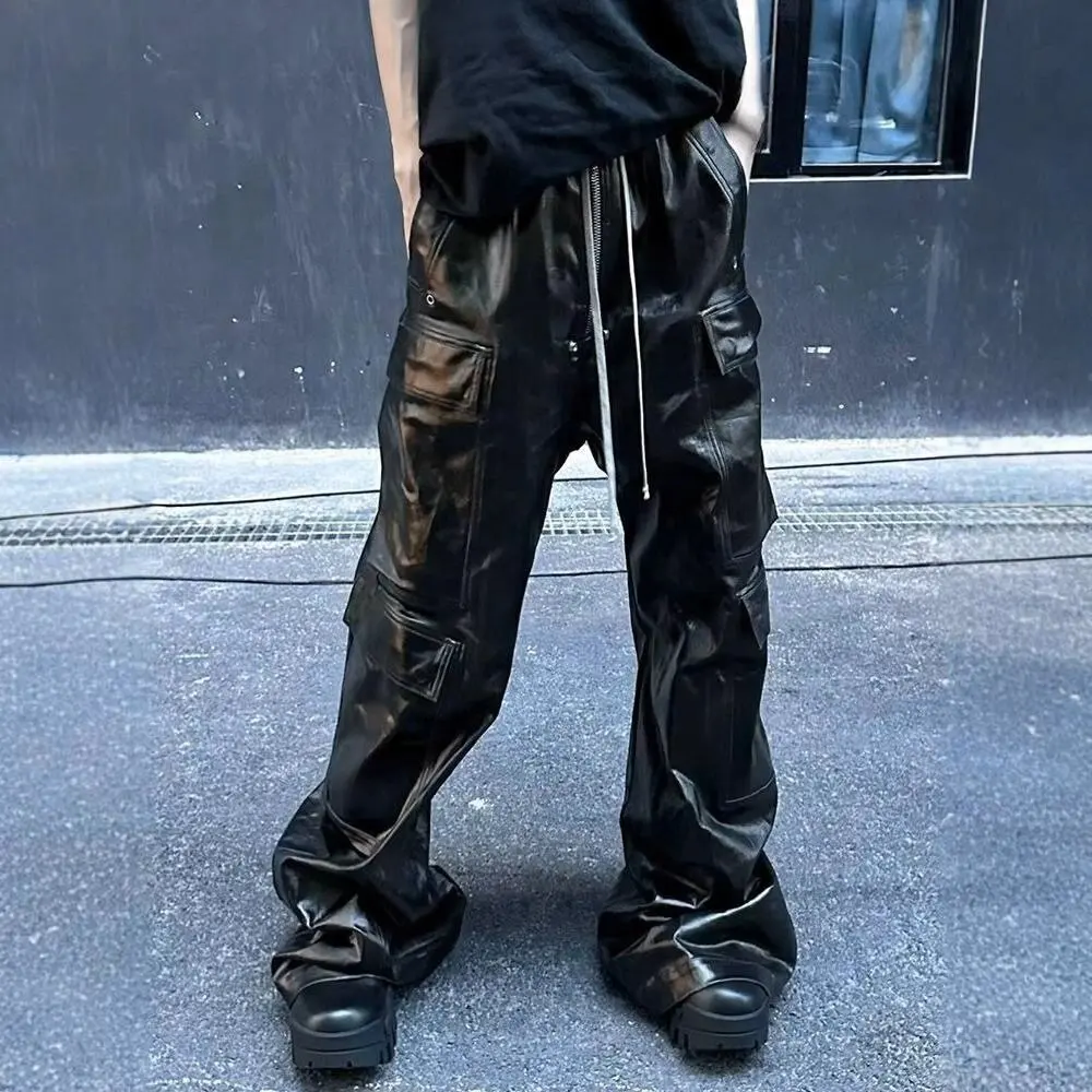 Men Cargo Pants Cool Black Shiny Reflective Pu Leather Wide Leg Pants for Men Drawstring Waist Casual Loose Gothic Men's Trouser