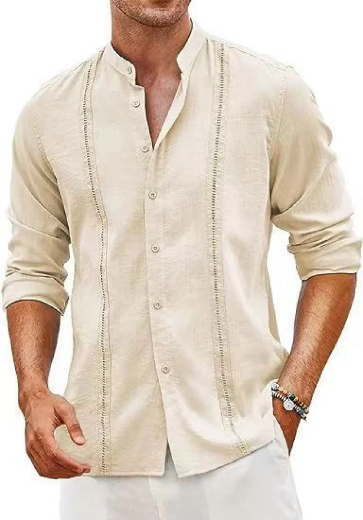 Fall 2024 new men\'s Cuban style casual button Beach Resort cotton linen shirt stand collar