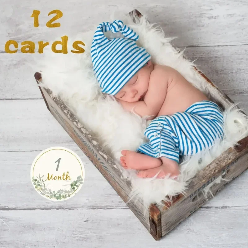 12pcs Baby Milestone Number Monthly Memorial Cards Newborn Baby Paper Wooden Engraved Age Photography Accessories Birthing Gift