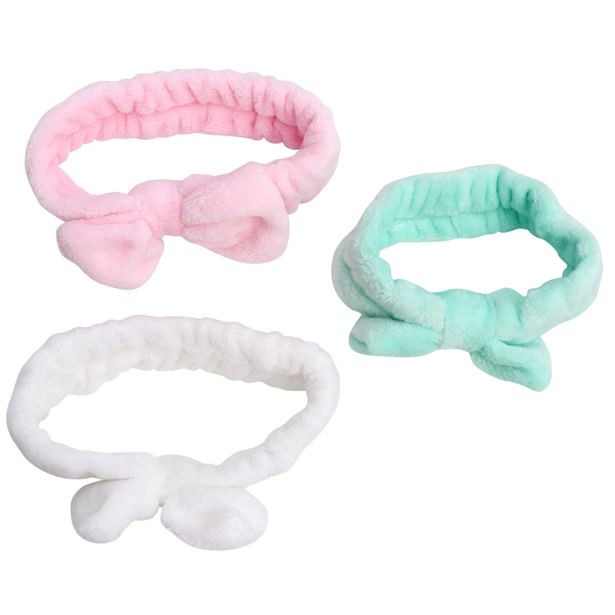 

3Pcs Coral Fleece Face Washing Headband Set Elastic Bowknot Hair Band for Women Girls Makeup Hair Accessories Green White Pink