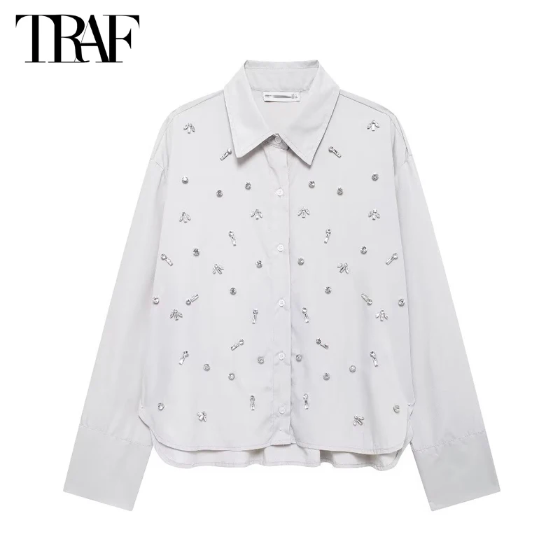 TRAF 2024 Rhinestone Shirts for Women Summer Oversized Shirt Women Collar Button up Shirt Woman Long Sleeve Shirts and Blouses