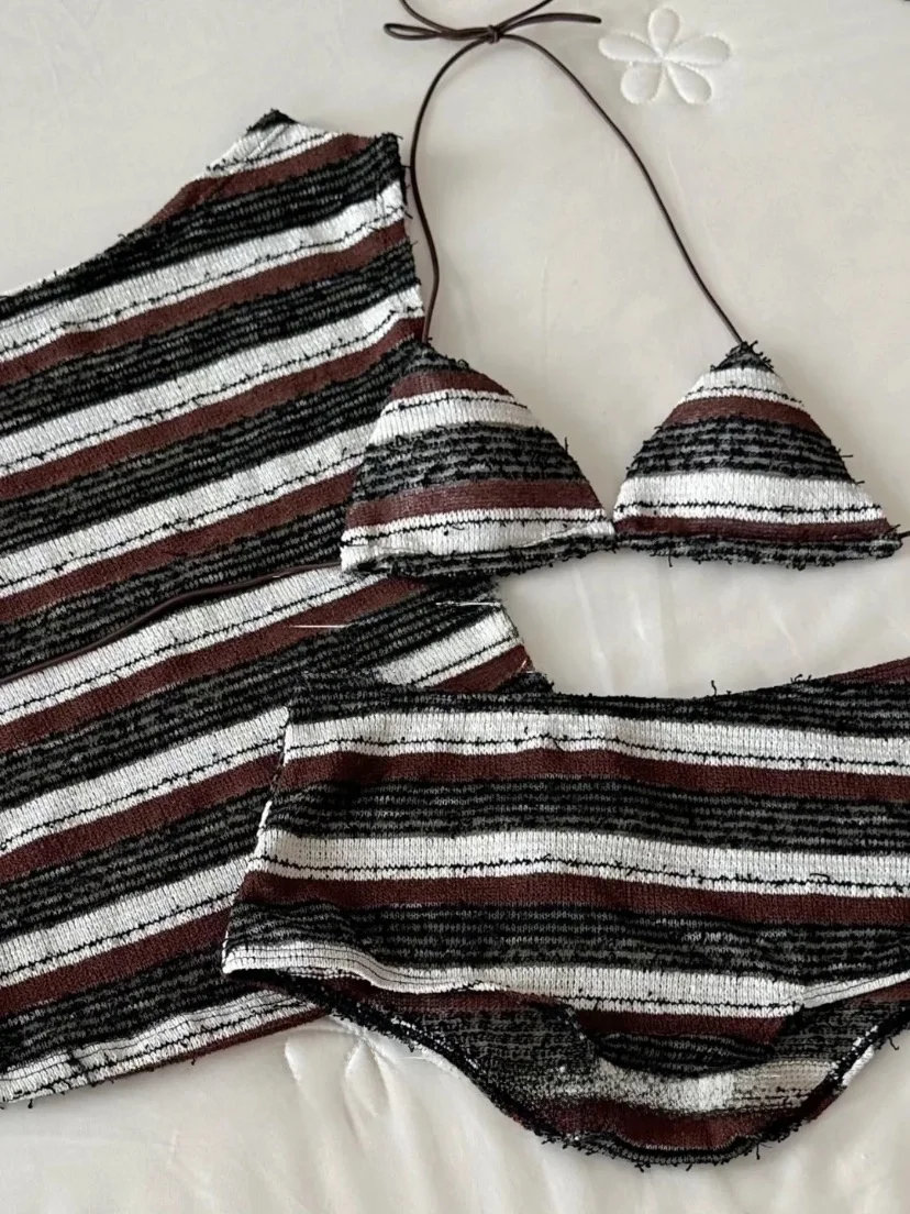 

High Waist Sexy Bikini Swimsuit Patchwork Stripe Pattern Trendy Girl Style Vacation Slimming Effect Triangular Design with Ch...