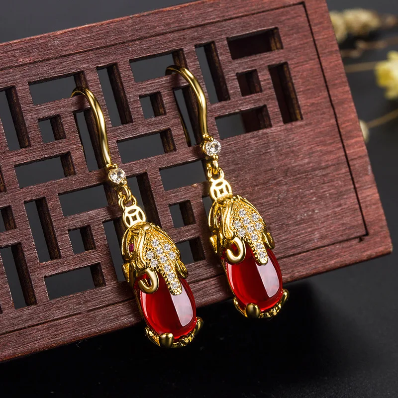 Transfer Auspicious Pixiu Copper Coin Earrings Female Retro Ethnic Style Earrings Trendy Charm Animal Red Earrings Wedding Gifts