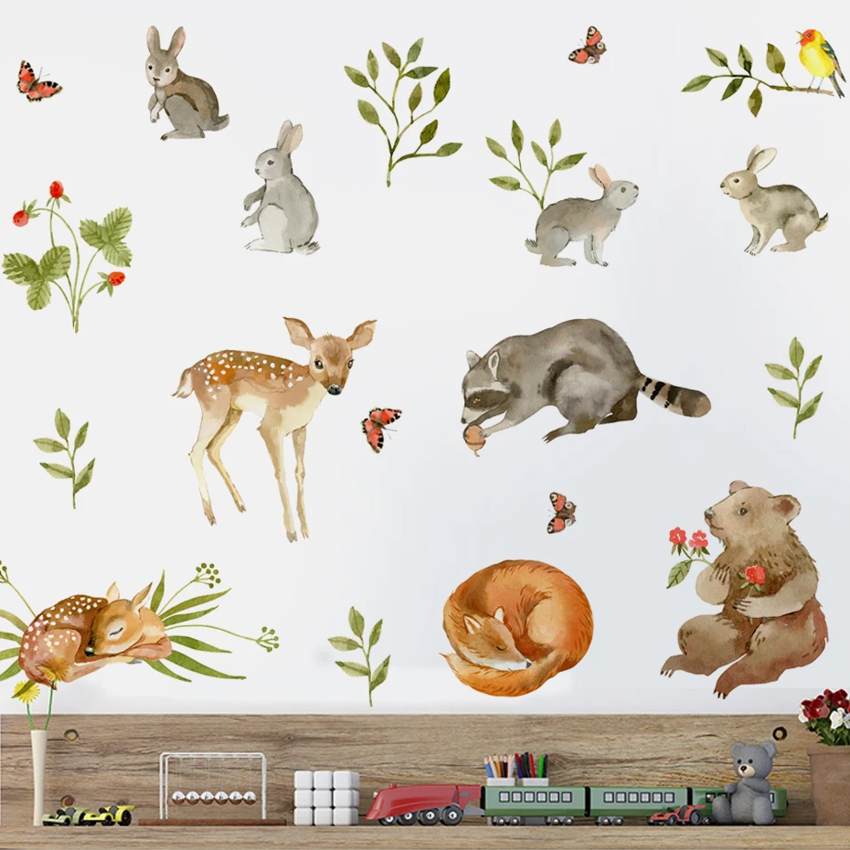 الكرتون الغابات الحيوانات الغزلان الثعلب الأرنب يترك المائية ملصقات الحائط للأطفال غرفة الطفل غرفة الحضانة جدار الشارات ديكور المنزل