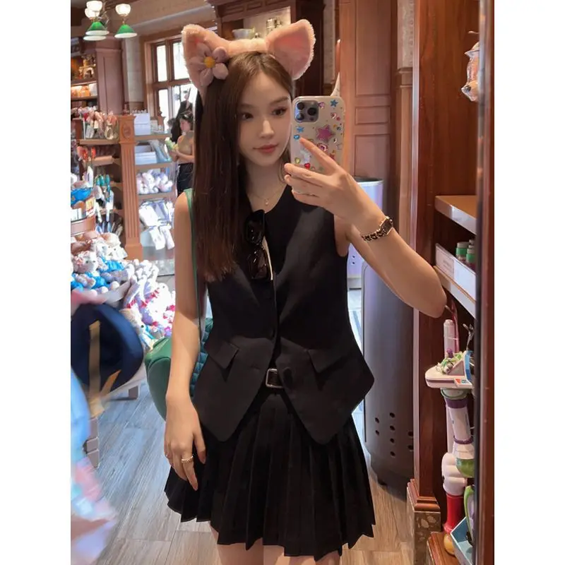 Korea Elegant Two Piece Set Vintage Office Lady Button Sleeveless Top + Pleated Mini Skirts Suit Retro Summer Black Outfit White