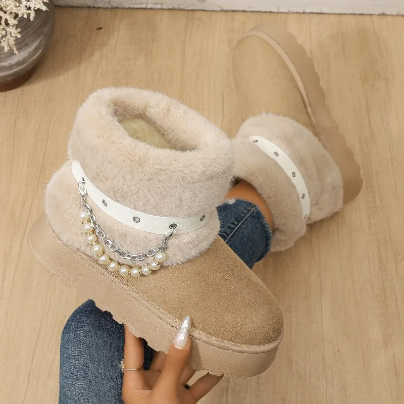 2026 Fashion Pearl Chain Casual Fleece Lined Warm Women's Snow Boots Winter Belt Design Round Toe Non Slip Comfort Women Boots