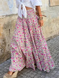 Summer Long Skirts Women Boho Print Skirt Female Floral Beach Maxi Skirts Ladies Vintage Loose Elastic Waist Holiday Skirt