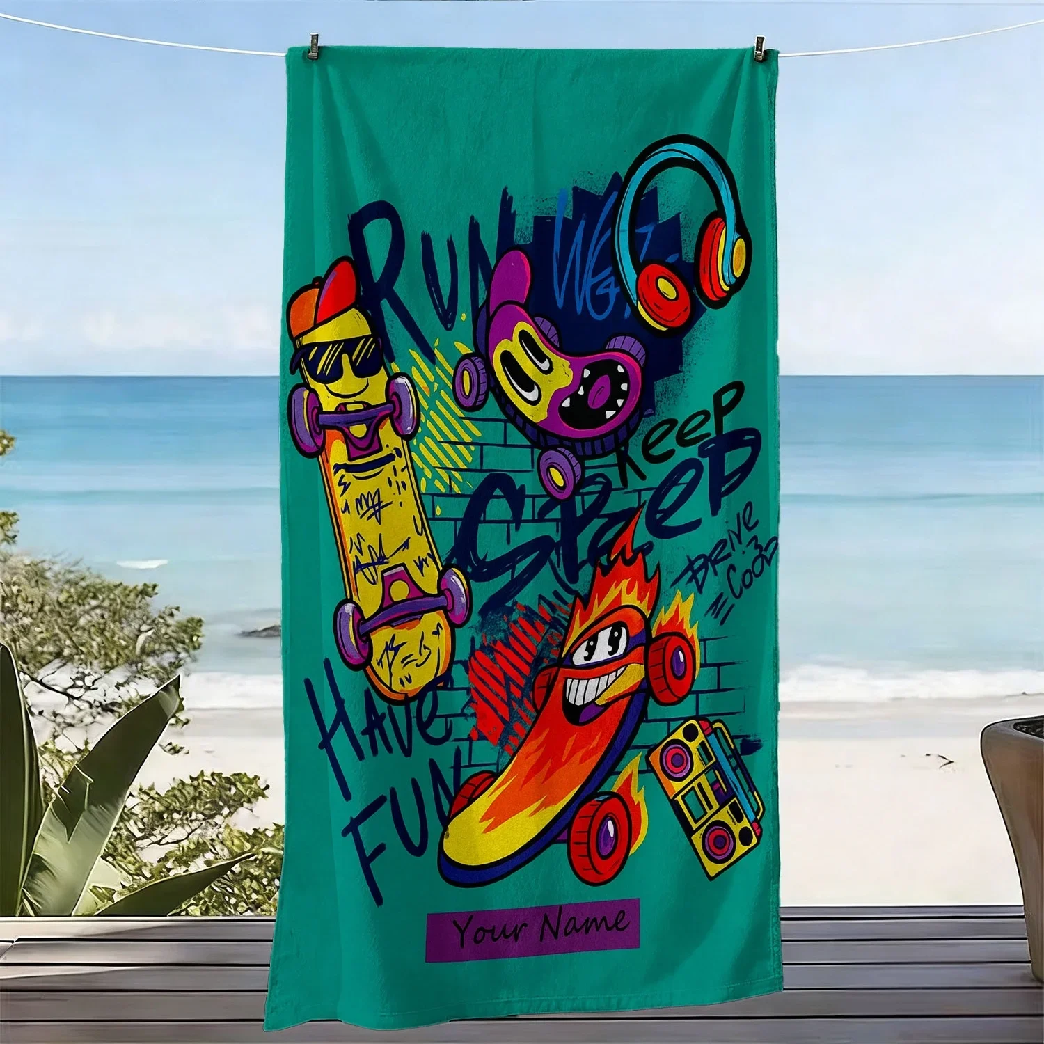 Fun Beach Towel for Summer Vacation Tropical Skateboarding Design Bright Colorful Beach Accessory Gift