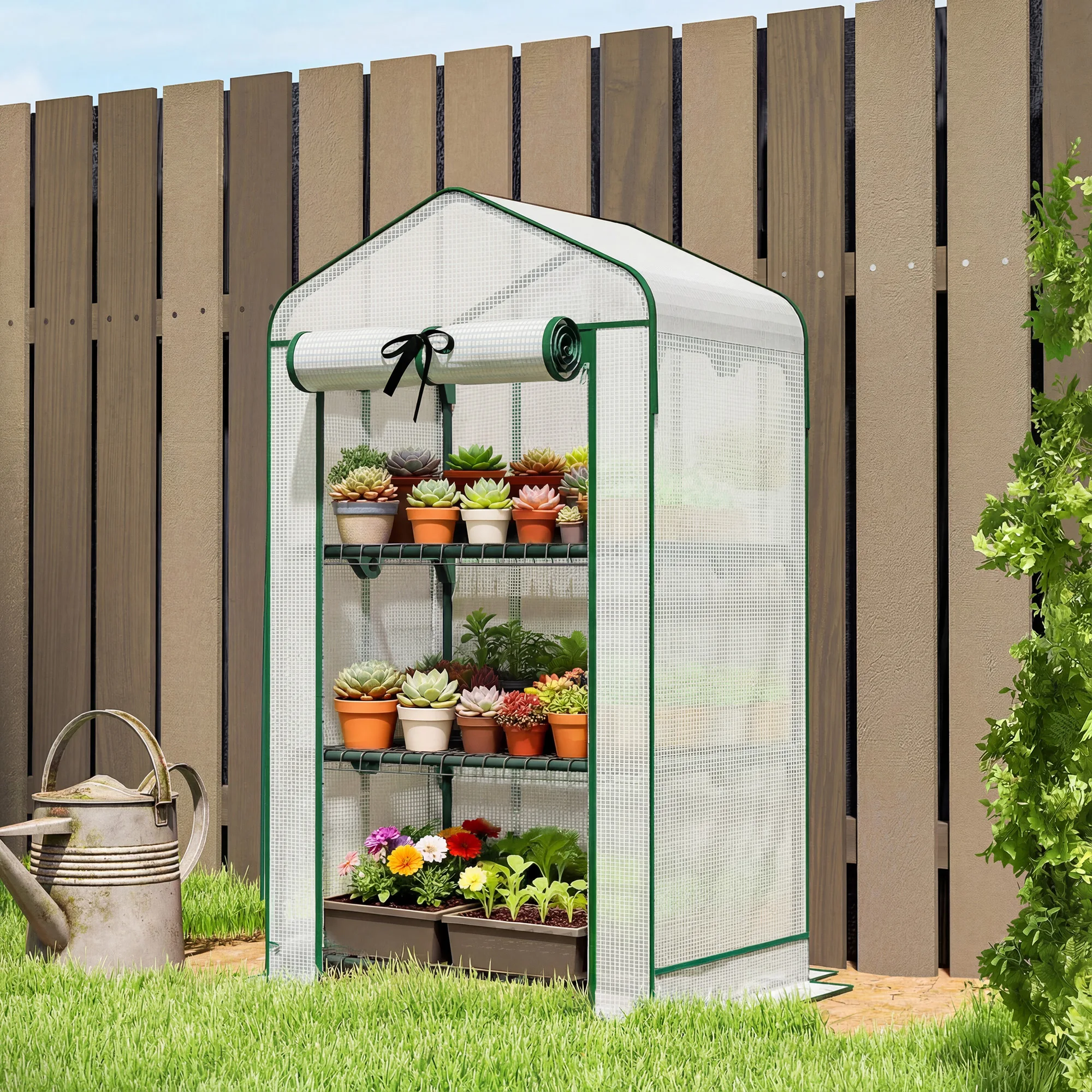Mini Greenhouse with Screen Roof, Portable Small Greenhouse with Roll-Up Zipper Door, 27.6