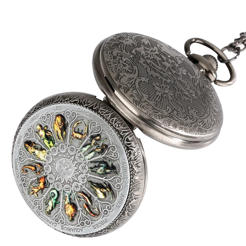 Retro Astrology Zodiac Pocket Watch Vintage 12 Constellation Themed Quartz Necklace Chain Timepiece for Men Women Gift